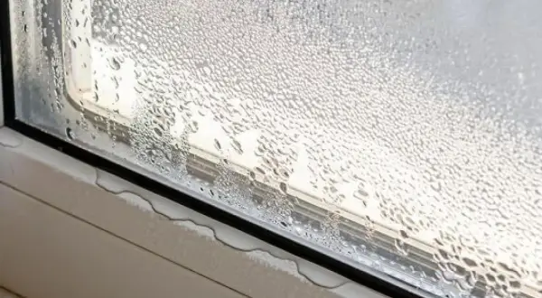 Gotas de agua cubren un cristal de ventana, mostrando cómo evitar condensación en ventanas. El agua se acumula en el alféizar.