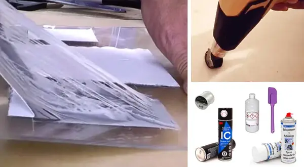 Herramientas para quitar pegamento suelo vinílico: pistola de calor, espátula, limpiador industrial y spray quitapinturas.
