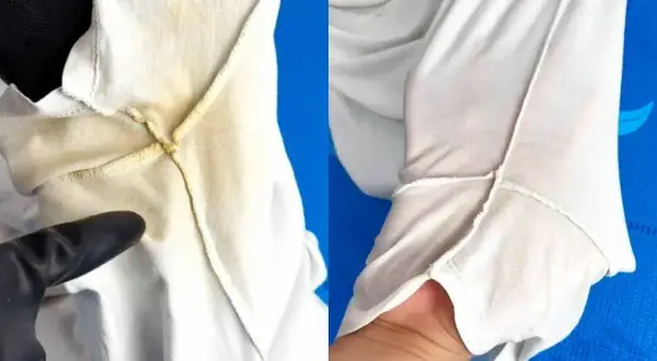 Antes y después de limpiar una camisa blanca amarillenta. La imagen de la izquierda muestra la mancha, la de la derecha, la prenda limpia.