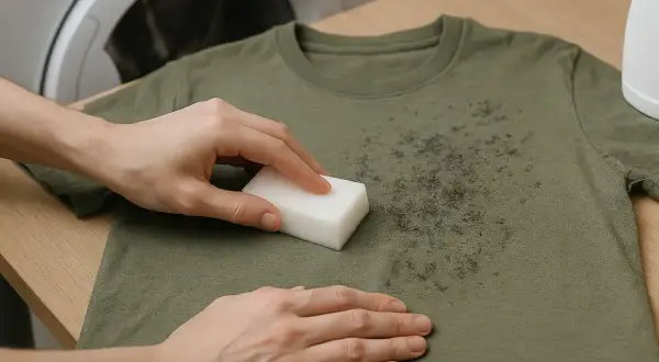 Manos limpiando una camiseta verde con manchas de moho usando una esponja blanca. Aprende como quitar moho de la ropa.