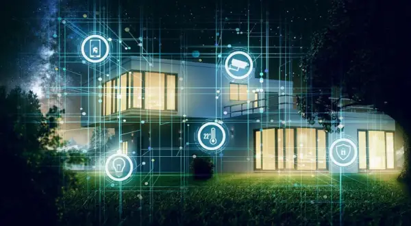 Casa inteligente conectada, con iconos de seguridad, temperatura y luz. La red digital facilita configurar wifi para el hogar.