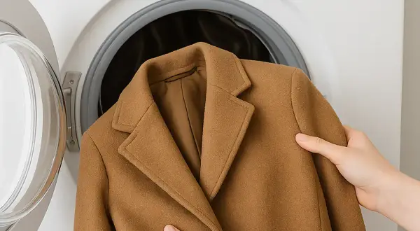 Manos introducen un abrigo de paño color camel en una lavadora. Aprende como lavar un abrigo de paño para mantenerlo como nuevo.