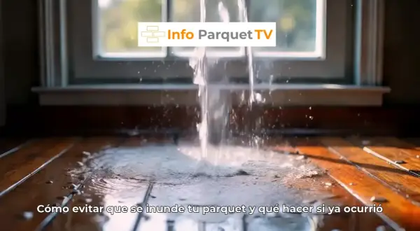 Un chorro de agua cae sobre un suelo de parquet, formando un charco de agua. El texto indica cómo evitar inundaciones en el parquet.