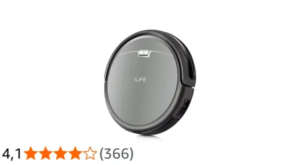 Aspiradora robot ilife a4s plateada, con botón "AUTO" y logo ILIFE. Calificación 4,1 estrellas.