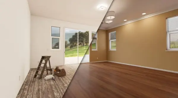 Antes y después de cambiar el suelo de una casa. A la izquierda, un suelo de madera rústico con herramientas de bricolaje. A la derecha, un suelo de madera pulido y brillante.