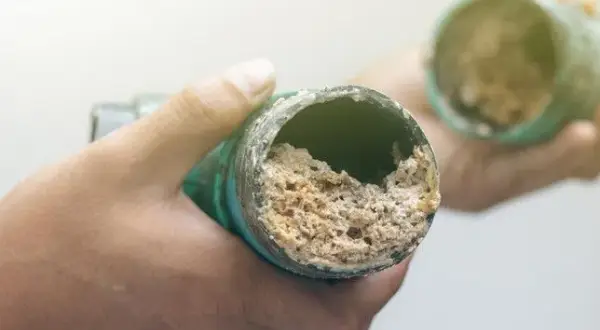 Manos sostienen tuberías obstruidas con depósitos calcáreos, un problema común que un desatascador casero podría solucionar.