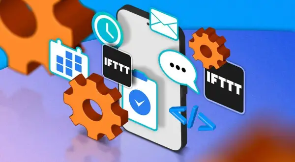 El teléfono muestra iconos de calendario, reloj, correo y chat, rodeado de engranajes y el logo de **IFTTT**, sugiriendo automatización.