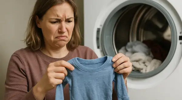 Mujer con cara de disgusto, señalando una pequeña prenda azul que la secadora encoge la ropa.