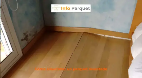 Parquet bufado en una esquina, con marcas de humedad en la pared. Se muestra cómo solucionar un parquet levantado.