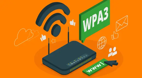 Router Wi-Fi con símbolo de señal, burbuja "WPA3" y varios iconos de conexión.