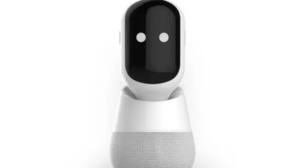 Robot con pantalla negra y dos puntos blancos, listo para recibir tu comando de voz.