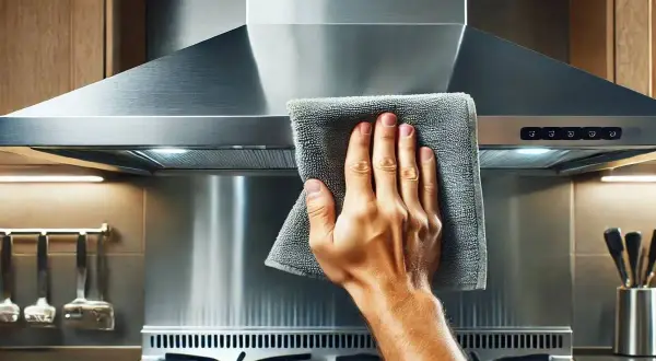 Mano limpiando la campana extractora de acero inoxidable con un paño gris.