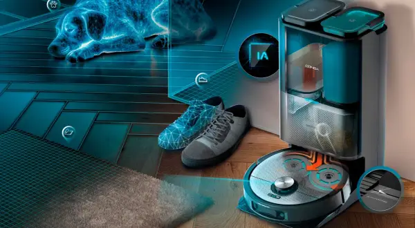 Robot aspirador Conga con navegación láser inteligente, detecta obstáculos y mascotas.