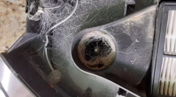 El cepillo del Roomba está enredado con pelo y suciedad, causando el error 99.