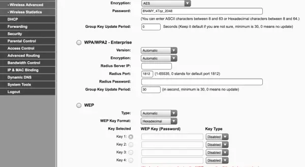 Configuración de seguridad Wi-Fi: WPA2-Personal con contraseña, WPA2-Enterprise y WEP. El SSID del router se configura aquí.