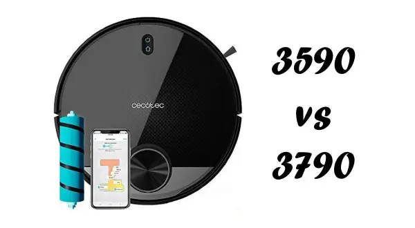 Robot aspirador Cecotec Conga 3590 junto a un móvil y un cepillo. Comparativa 3590 vs 3790.