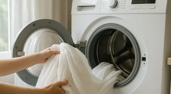 Manos colocando cortinas blancas en lavadora. Usando suavizante para un lavado fresco.