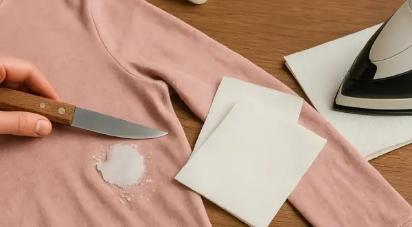 Mano raspa cera de camiseta rosa. Se muestra cómo quitar cera de la ropa con cuchillo, papel y plancha.