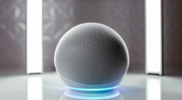 Altavoz inteligente con luz azul, listo para programar Alexa y crear rutinas.