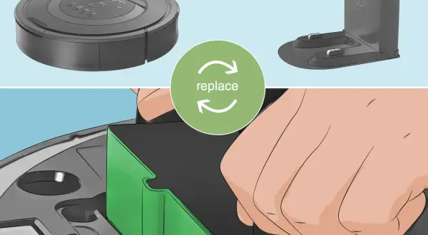 Un Roomba muestra el mensaje "error 18". Se muestra el robot, su base de carga y una mano insertando un componente verde.