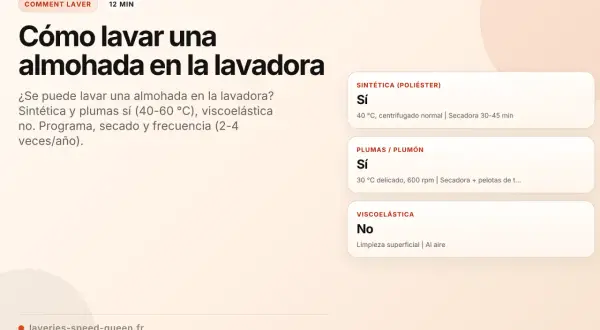 Guía para lavar almohadas en lavadora: sintéticas y plumas sí, viscoelásticas no. Aprende el programa, secado y frecuencia.