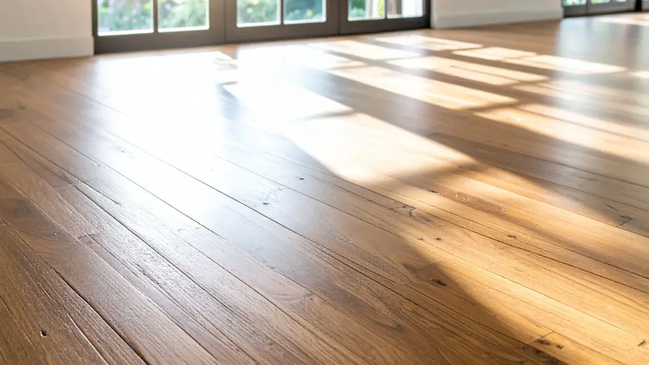 El cálido suelo de madera de una casa de campo, bañado por la luz del sol que entra por los ventanales.