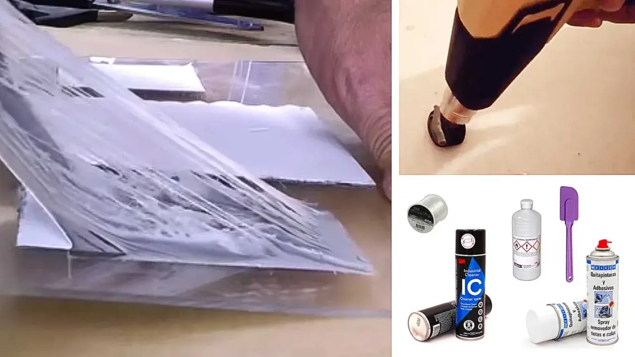 Herramientas para quitar pegamento suelo vinílico: pistola de calor, espátula, limpiador industrial y spray quitapinturas.