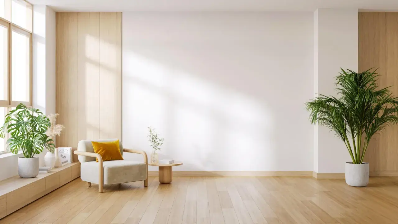 Elegante salón con instalación de tarimas de madera clara, sillón acogedor y plantas verdes.
