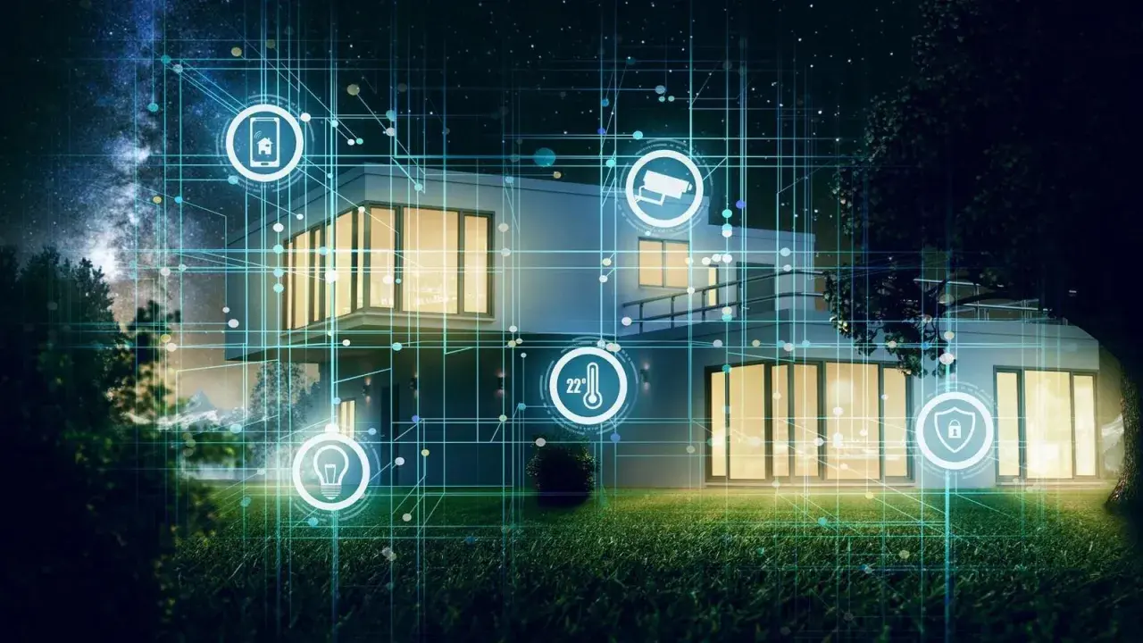 Casa inteligente conectada, con iconos de seguridad, temperatura y luz. La red digital facilita configurar wifi para el hogar.