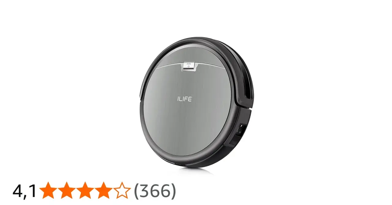 Aspiradora robot ilife a4s plateada, con botón "AUTO" y logo ILIFE. Calificación 4,1 estrellas.