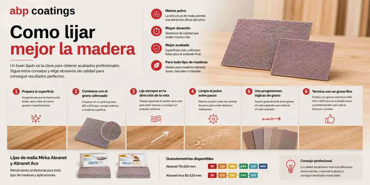 Lijas de malla para parquet: guía para un lijado perfecto. Consejos para preparar, lijar y acabar madera con abrasivos de calidad.