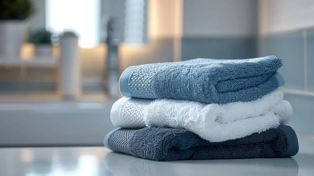 Toallas nuevas apiladas en tonos azules y blancos. Aprende como lavar toallas nuevas para que queden suaves y absorbentes.