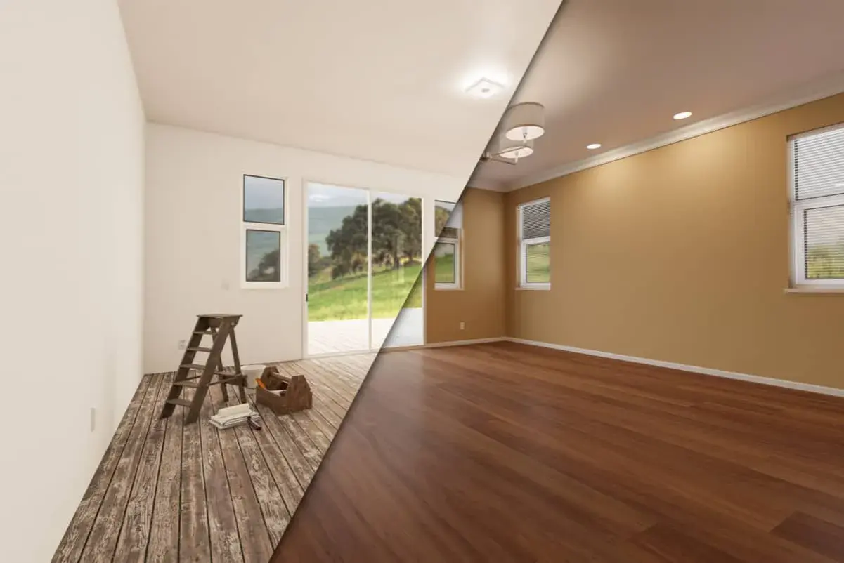 Antes y después de cambiar el suelo de una casa. A la izquierda, un suelo de madera rústico con herramientas de bricolaje. A la derecha, un suelo de madera pulido y brillante.
