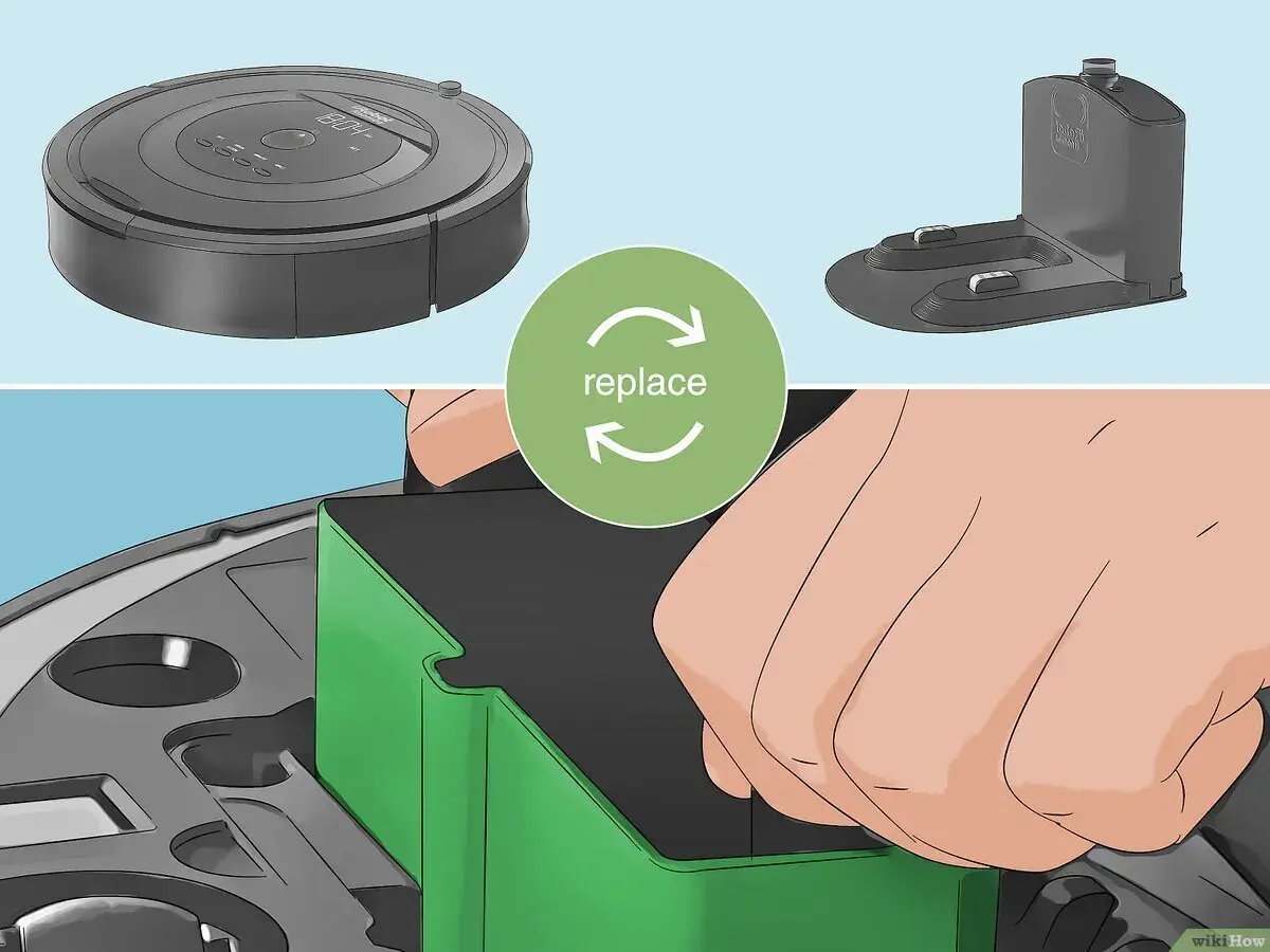 Mano insertando un depósito verde en un robot aspirador. Si tu roomba no recoge suciedad en el depósito, quizás necesites reemplazarlo.