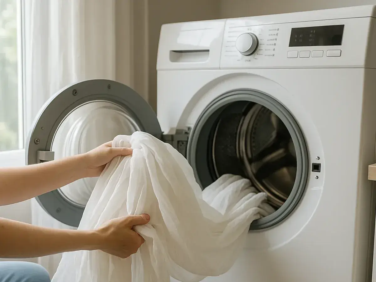Manos colocando cortinas blancas en lavadora. Usando suavizante para un lavado fresco.
