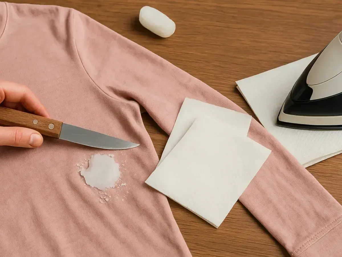 Mano raspa cera de camiseta rosa. Se muestra cómo quitar cera de la ropa con cuchillo, papel y plancha.