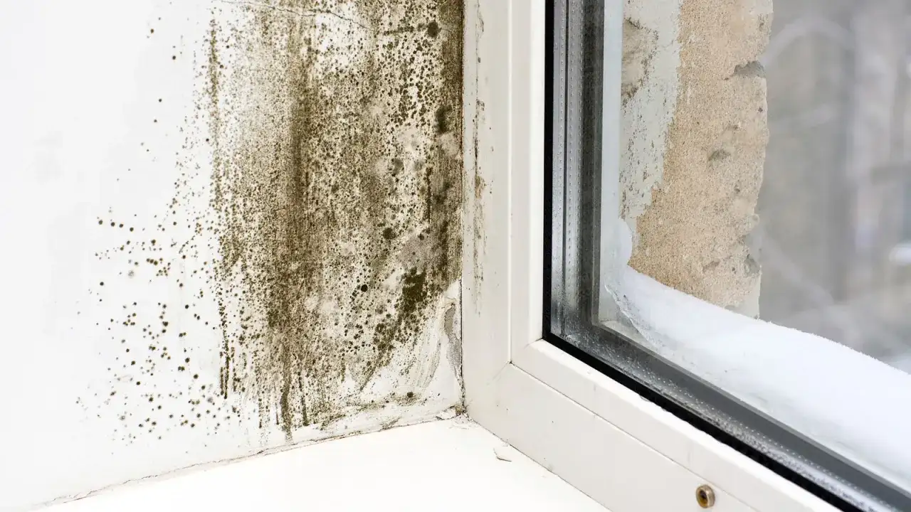 Manchas oscuras de moho cubren la esquina de una pared, indicando un problema de humedad en casa.