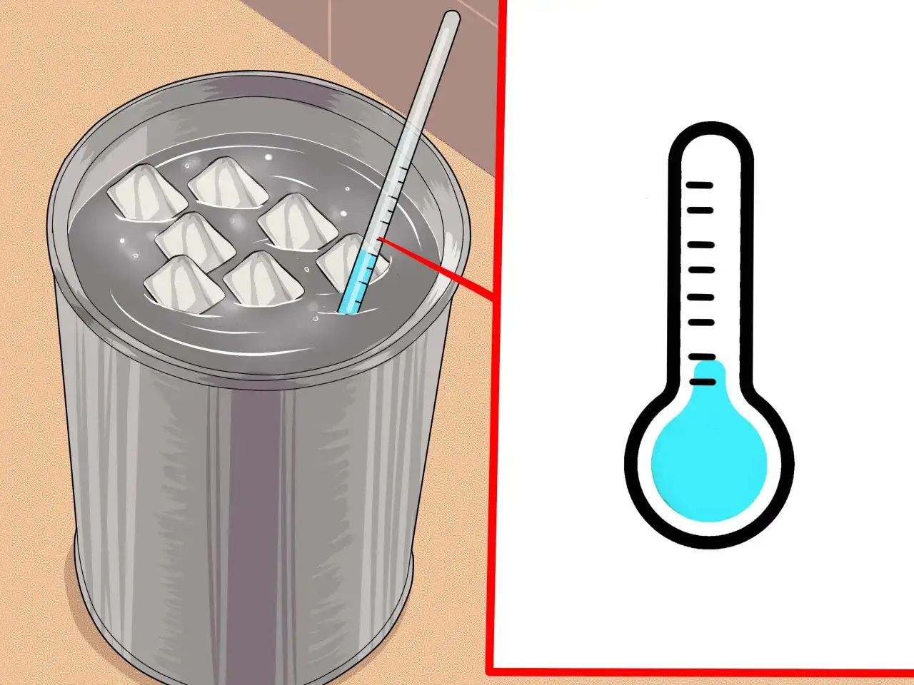 Un higrómetro mide la temperatura del agua con cubitos de hielo.