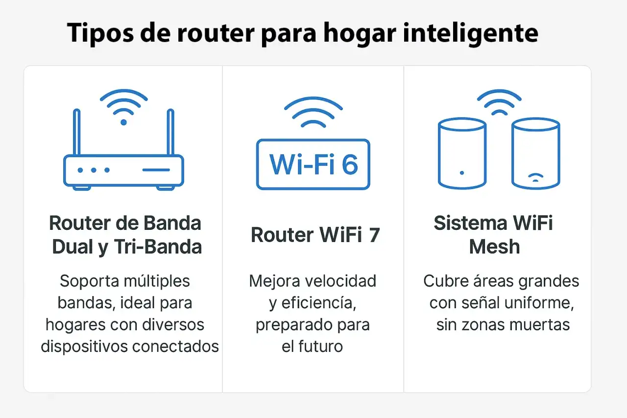 Tipos de router para hogar inteligente: Dual/Tri-Banda, WiFi 7 y Mesh. Ideal para configurar wifi en casa.