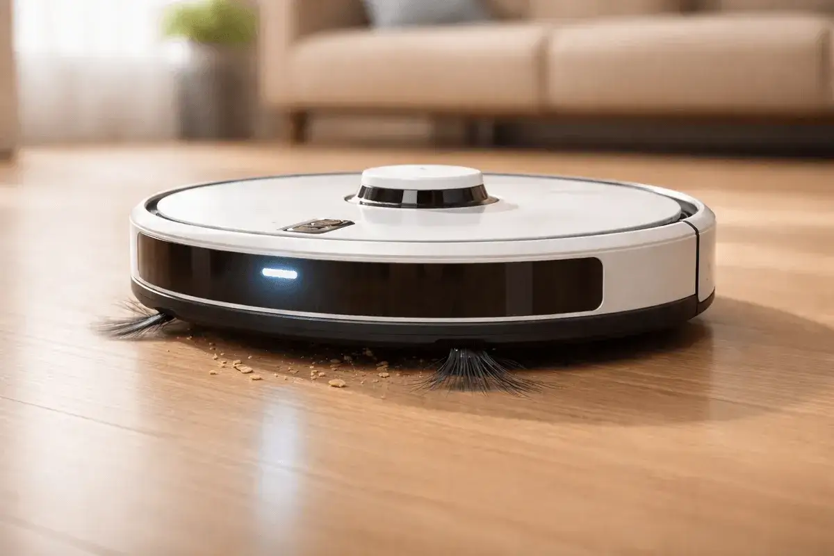 Robot aspirador blanco limpiando el suelo de madera. &iquest;Cu&aacute;nto dura un robot aspirador? Este modelo promete horas de limpieza aut&oacute;noma.