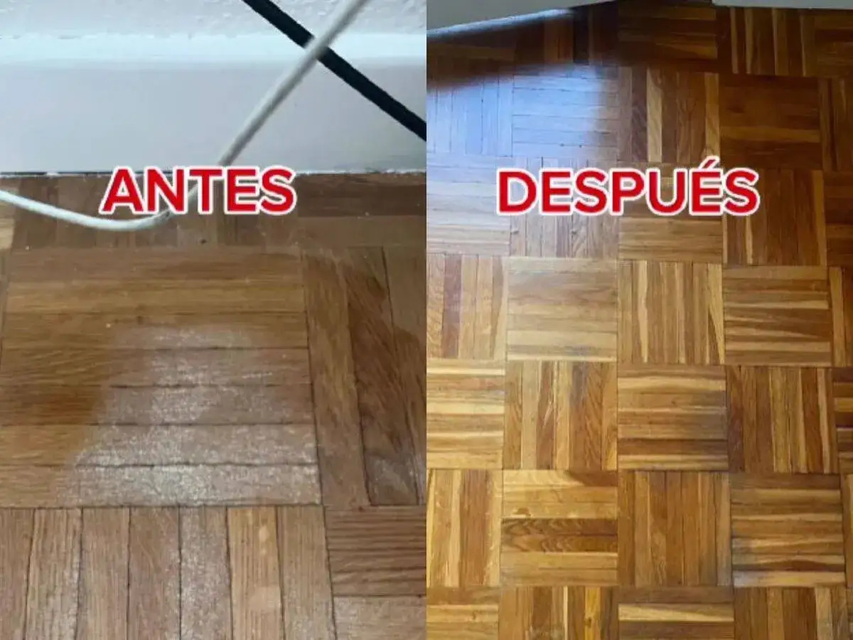 Antes y despu&eacute;s de reparar tarima flotante desgastada. El suelo de madera luce renovado y brillante.