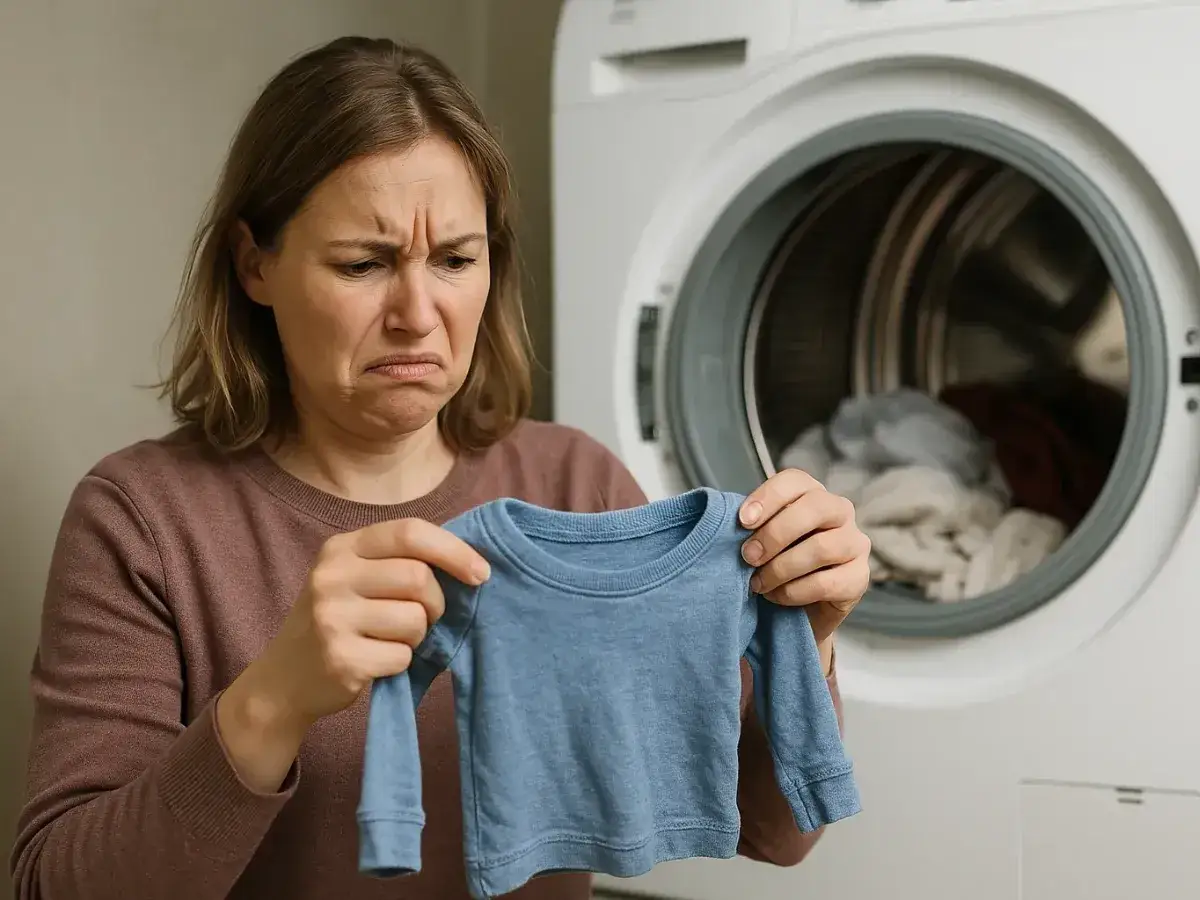 Mujer con cara de disgusto sostiene una prenda de beb&eacute; que la secadora encoge la ropa.