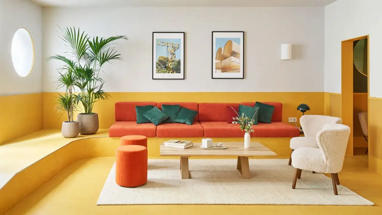 Sal&oacute;n moderno con sof&aacute;s naranjas, plantas y suelos de lin&oacute;leo amarillos.