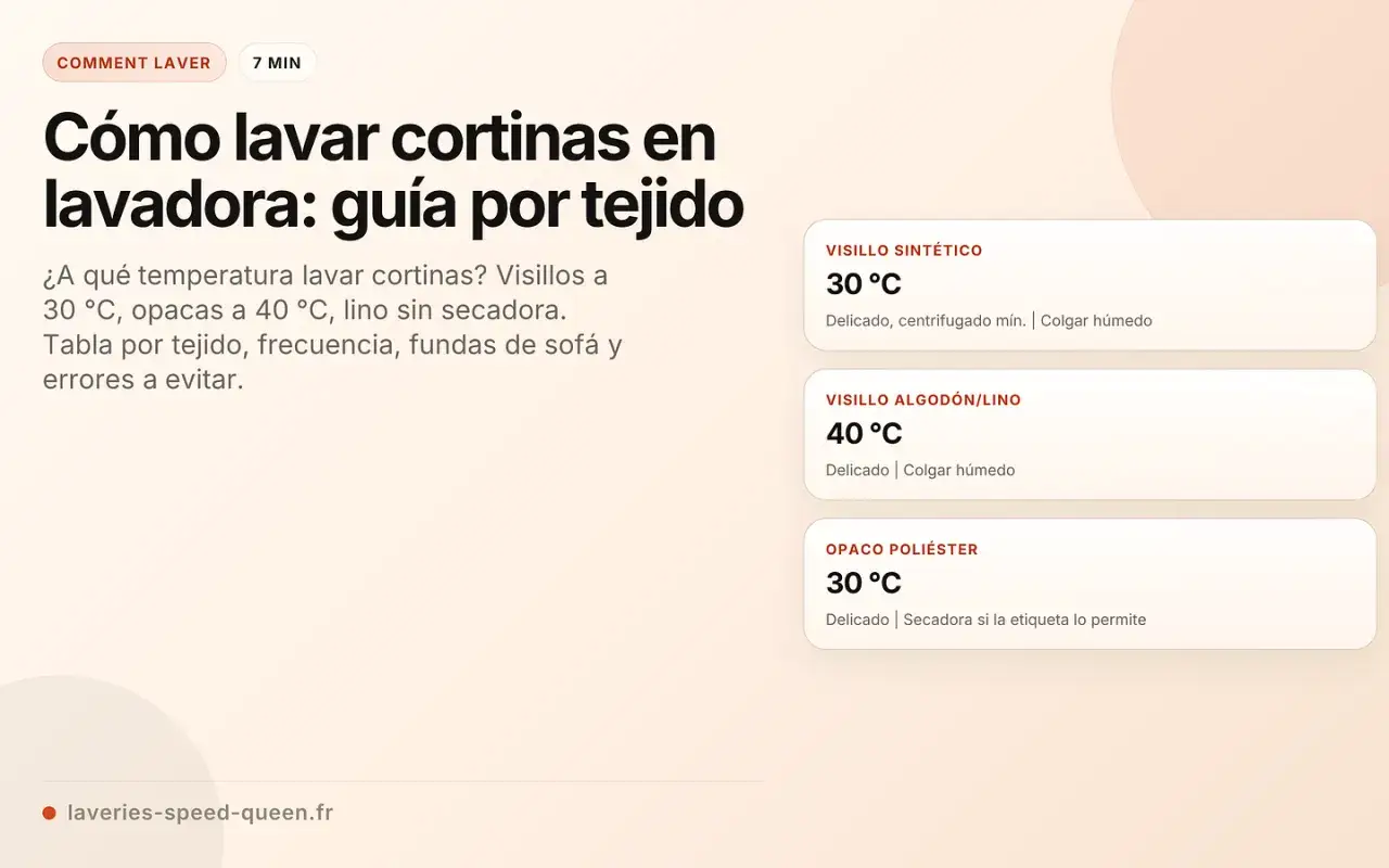 Gu&iacute;a para lavar cortinas en lavadora: visillos sint&eacute;ticos a 30&deg;C, algod&oacute;n/lino a 40&deg;C. Usa suavizante para un mejor resultado.