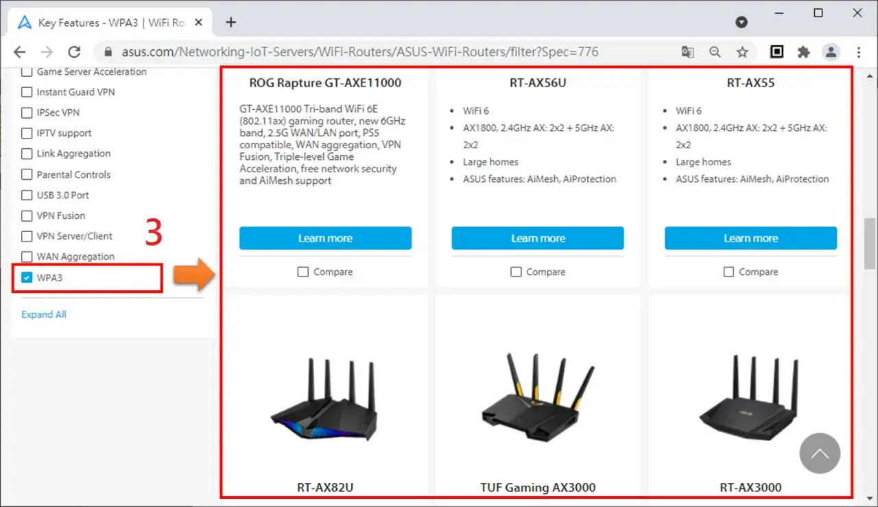 Seleccionando WPA3 para encontrar routers con seguridad avanzada. Se muestran modelos como ROG Rapture GT-AXE11000, RT-AX56U y RT-AX55.