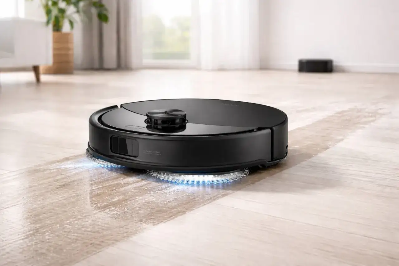 Robot aspirador negro, una nueva conga que friega el suelo con luces azules.