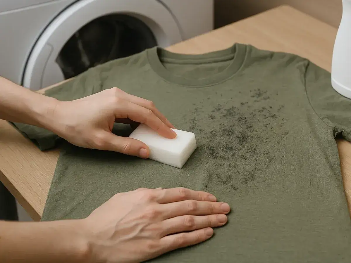 Manos frotando una camiseta verde con moho con una esponja blanca, mostrando c&oacute;mo quitar moho de la ropa.