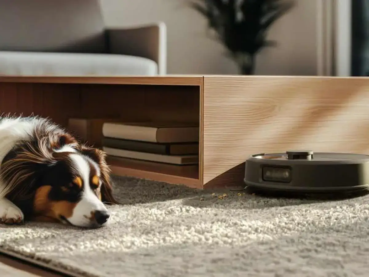 Un perro duerme pl&aacute;cidamente mientras un robot aspirador Cecotec limpia a su lado. &iexcl;Las opiniones sobre este roomba son muy positivas!