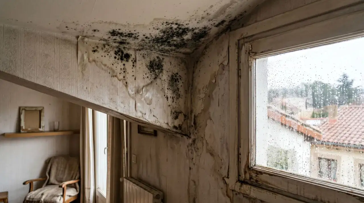 Manchas negras de moho y papel de pared despegado evidencian la humedad en casa. El exterior lluvioso se refleja en la ventana.