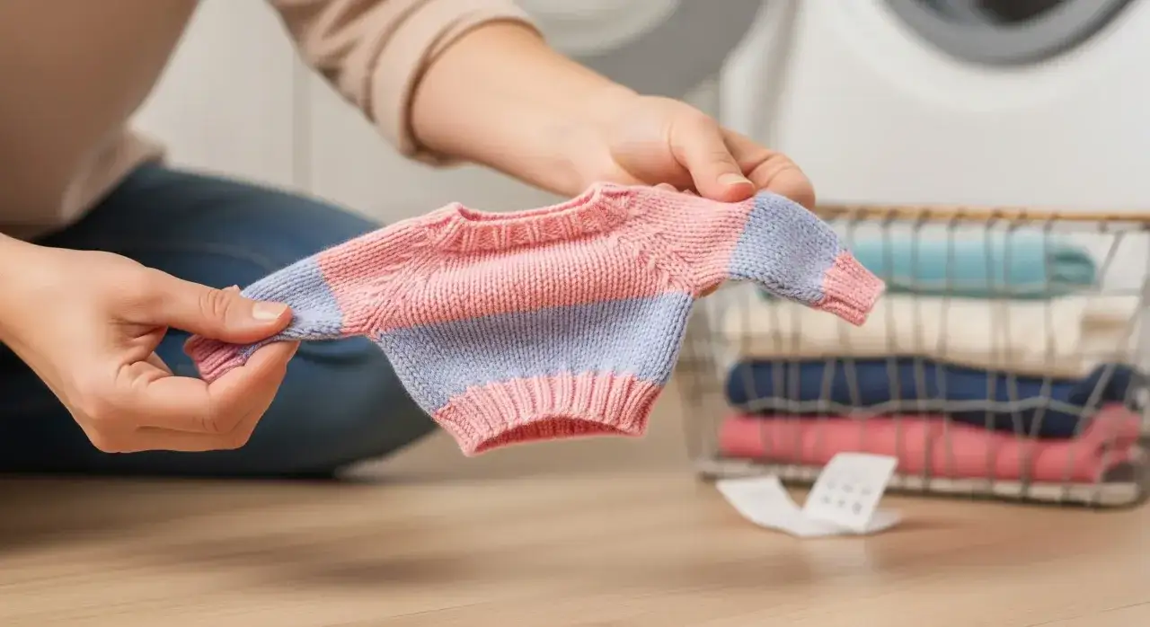 Manos sostienen un su&eacute;ter de beb&eacute; a rayas rosas y azules. &iexcl;Cuidado! la secadora encoge la ropa.